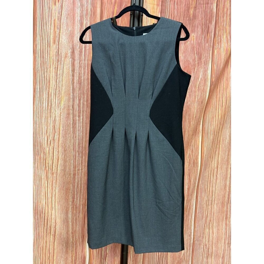 Calvin Klein Sheath Dress Women's 12 Gray Pleated Stretch Sleeveless Back Zip